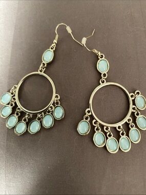 Vintage Goldtone Hoop Dangle Earrings with Light Blue Cabochons